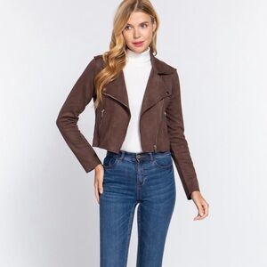 NWT KUT FROM THE KLOTH Milana Faux Suede Drape Moto Jacket Brown
